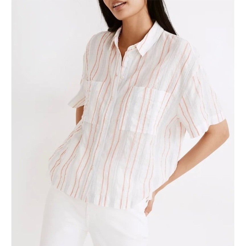 Madewell Striped Linen Blend Beachside Button Up Shirt Blouse Xxs Oversized Nwt